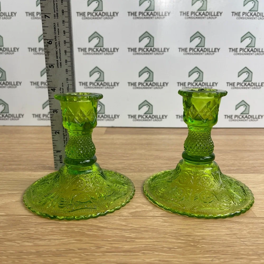 Tiara Sandwich Green Glass Candlestick Holders Set of 2 Vintage Scalloped Base